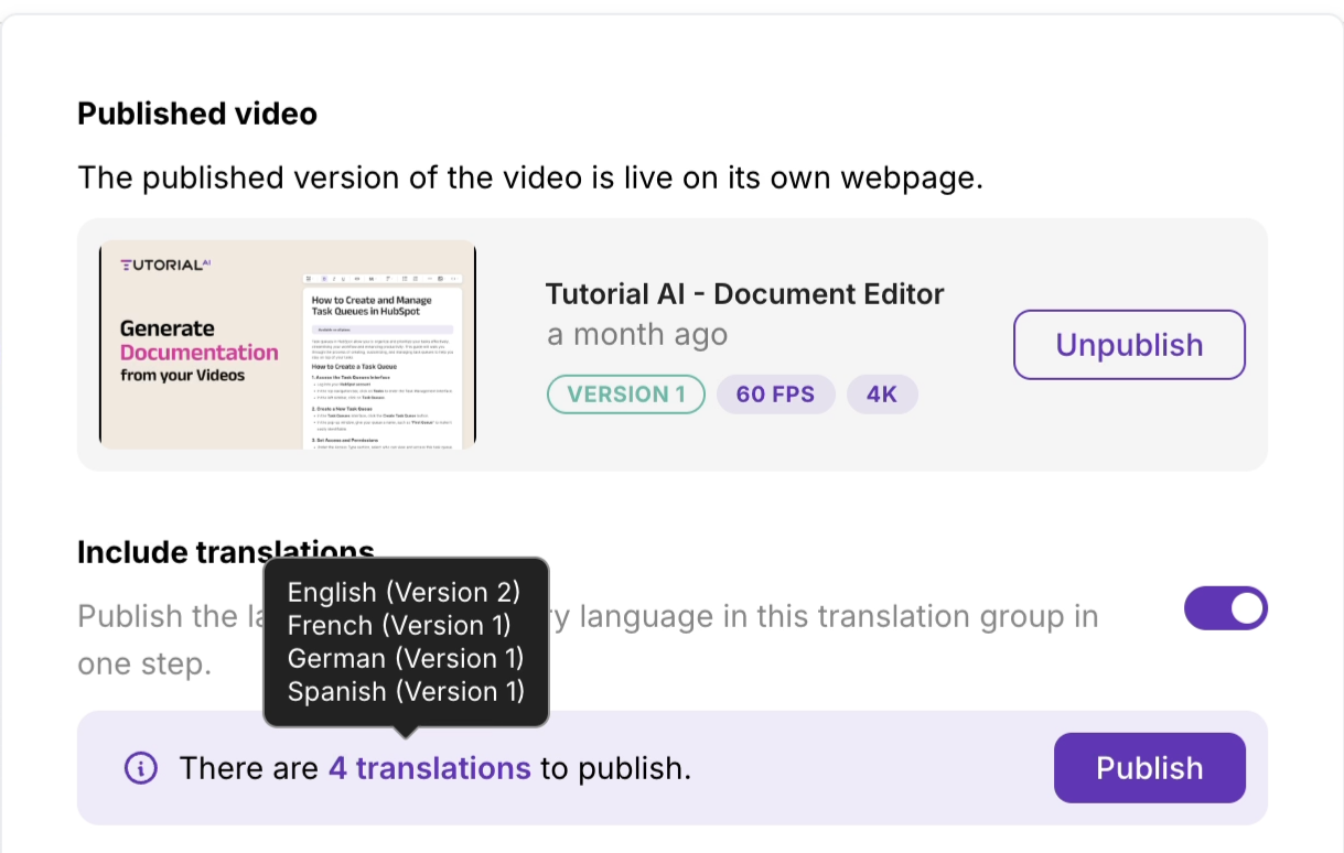 Share menu with generate and publish options for a translated language