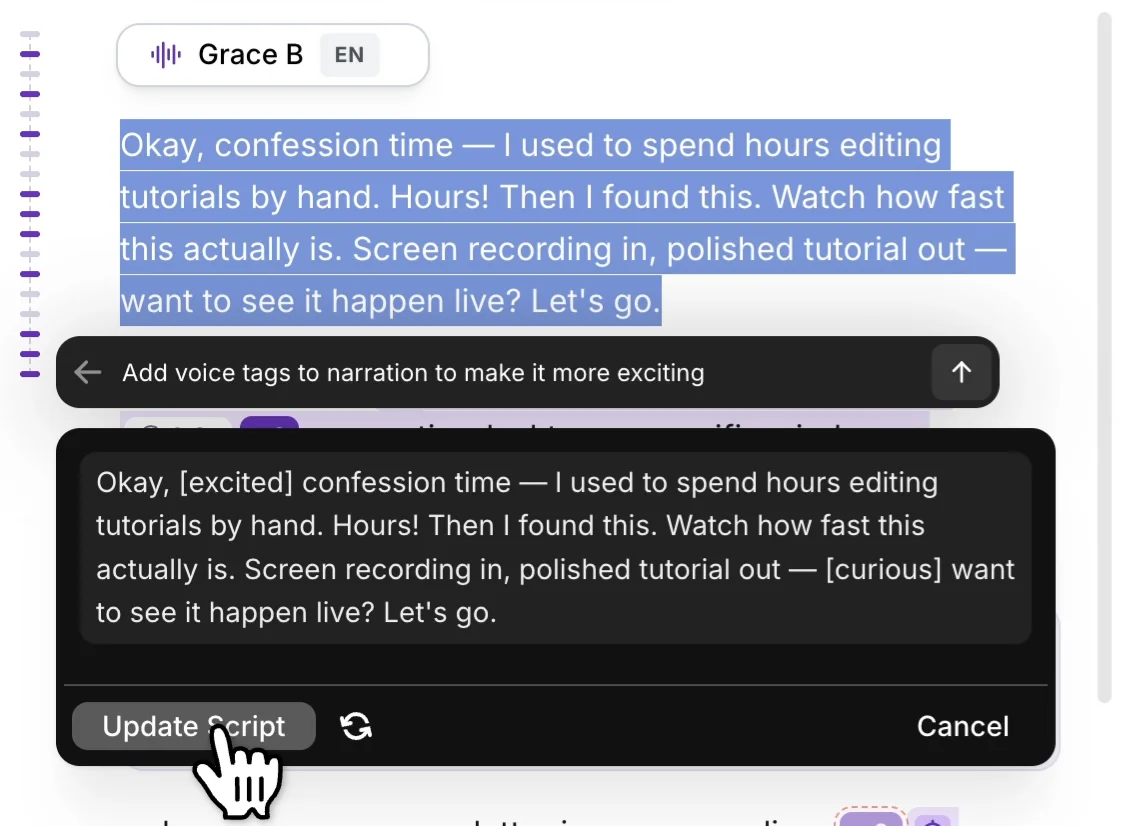 A selected narration paragraph, the Ask AI prompt Add voice tags to narration to make it more exciting, and the suggested script with [excited] and [curious] tags above Update Script and Cancel buttons