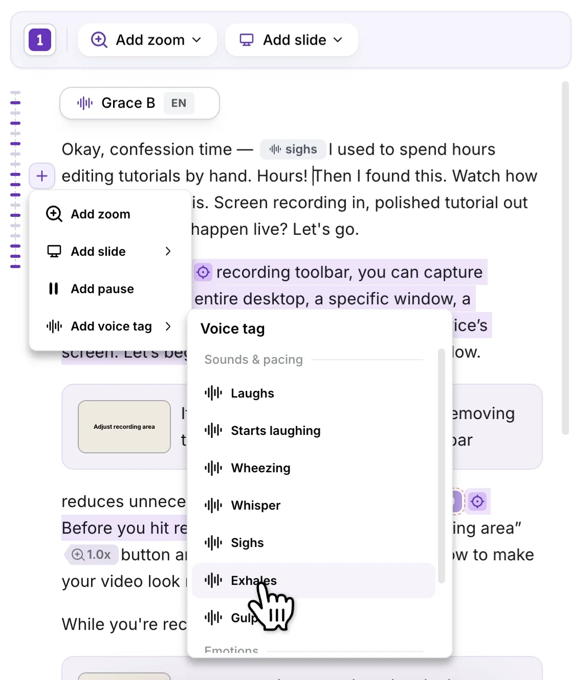 The + menu with Add zoom, Add slide, Add pause, and Add voice tag, and the Voice tag submenu open on Sounds & pacing with Exhales highlighted